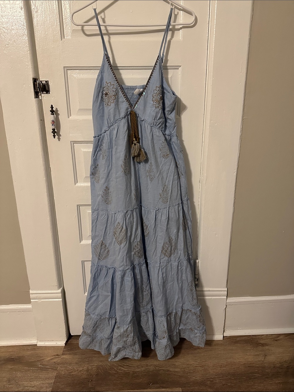 Light Blue Embroidered Maxi Dress with Tassel Detail